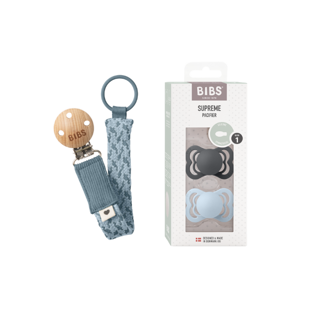 BIBS - Pacifier Supreme 2 PACK - Iron/Baby Blue - Size 1 + Pacifier Clip Braided - Petrol/Baby Blue - Onesize (Bundle)