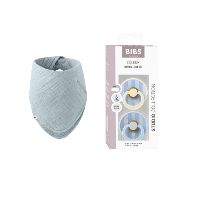 BIBS - Pacifier Studio Colour 2 PACK Block Latex - Baby Blue / Dusty Blue - Size 2 + Bandana Bib - Baby Blue - One Size (Bundle)