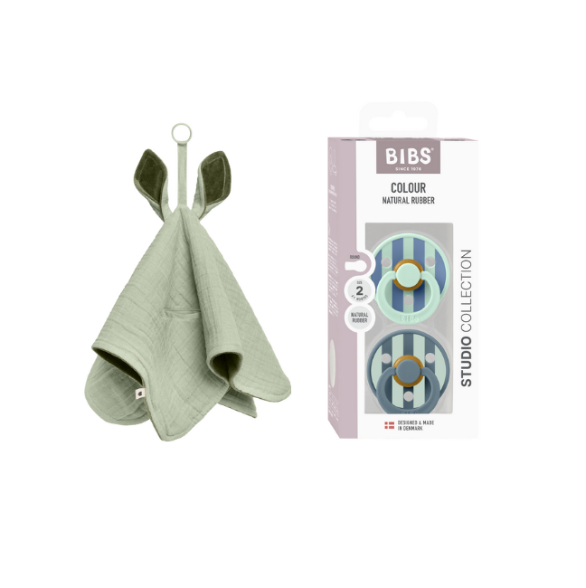 BIBS - Pacifier Studio Colour 2 Pack - Nordic Mint/Petrol - Size 2 + Cuddle Cloth Kangaroo - Sage (Bundle)