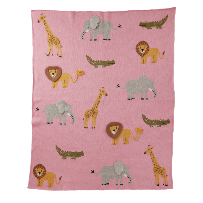 Rice - Knitted Baby Blanket with Animals and 3D Details - Pink