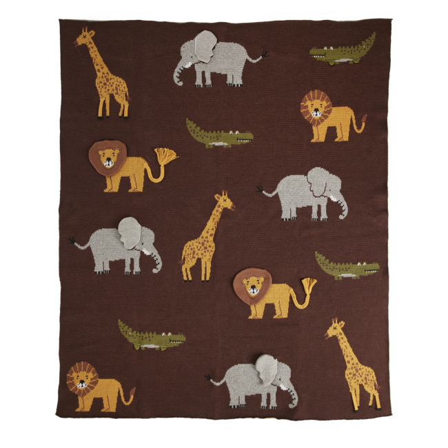 Rice - Knitted Baby Blanket with Animals and 3D Details - Chocolate Brown