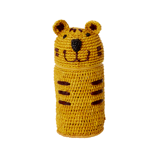 Rice - Raffia Crocheted Pencil Case / Purse - Tiger Shape - Yellow - 20cm x 10cm x 5cm