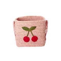 Rice - Raffia Square Basket with Big Cherry Embroidery - Soft Pink - Small