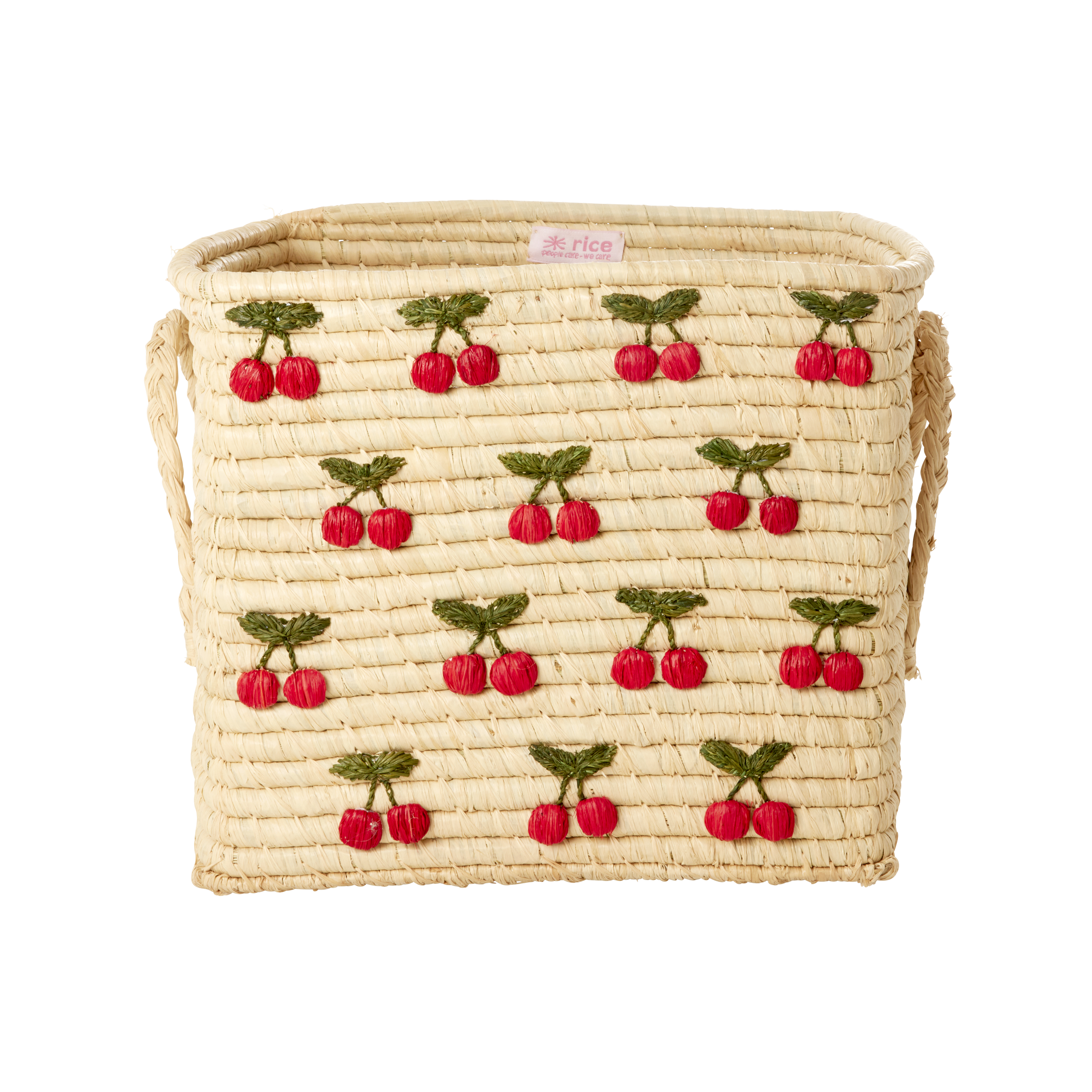 Rice - Raffia Square Basket with Small Cherries Embroidery - Red - 30 cm x 30 cm x 25 cm