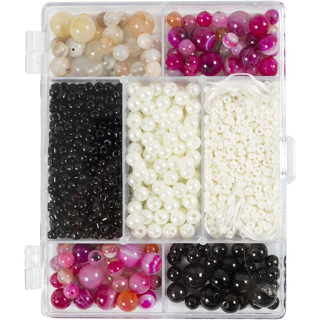 Creativ - DIY Mix Smykker, Agater, str. 2,6-10 mm, hullstr. 0,8-1,8 mm, beige, svart, pink, hvit perlemor, 1 pk. - ()