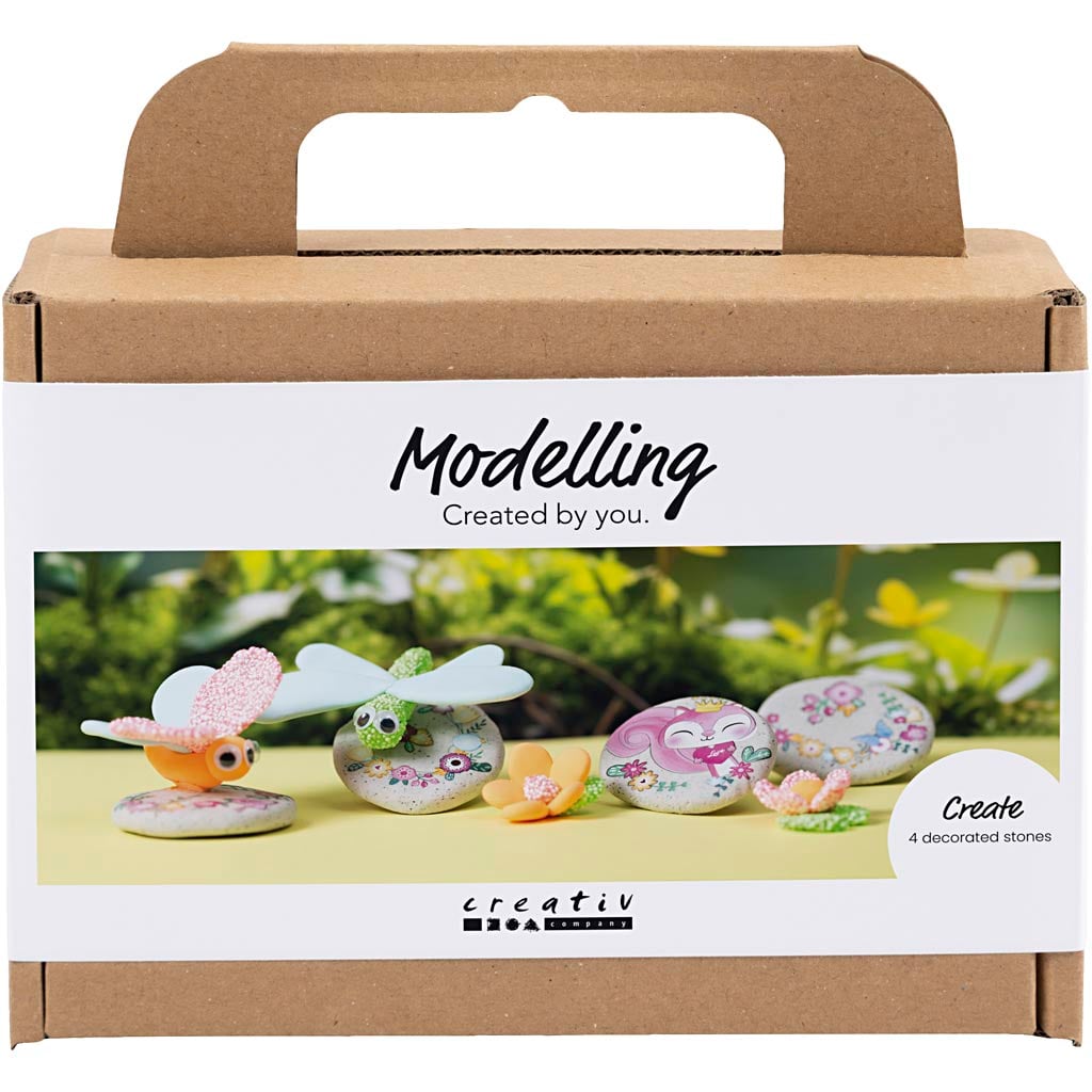 DIY Kit - Mini Hobbyset Boetseren, Steen met insect, grijs, lichtroze, licht turquoise, 1 doos