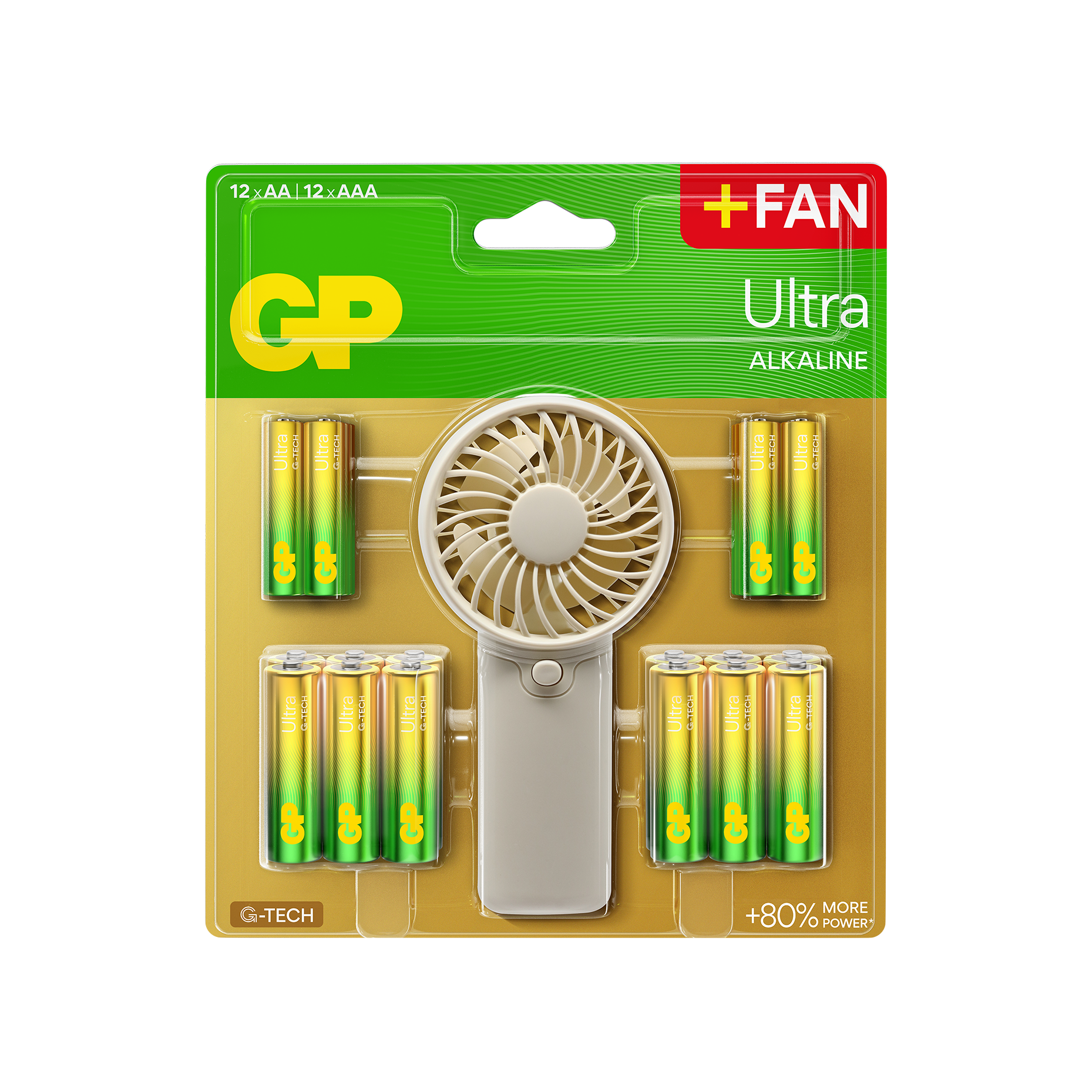 GP - Ultra Alkaline 12 x AA + 12 x AAA batterijen + handventilator