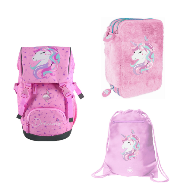 Tinka - School Backpack 22L + Gymbag 34x45cm + Pencil Case Triple - Unicorn Pink (Bundle)