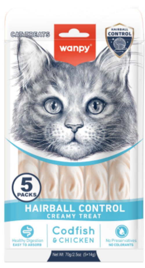 wanpy - Wanpy Functional Creamy Lickable Treat Hairball - Torsk & Kylling 70g (5x14g) - 70g (5x14g)