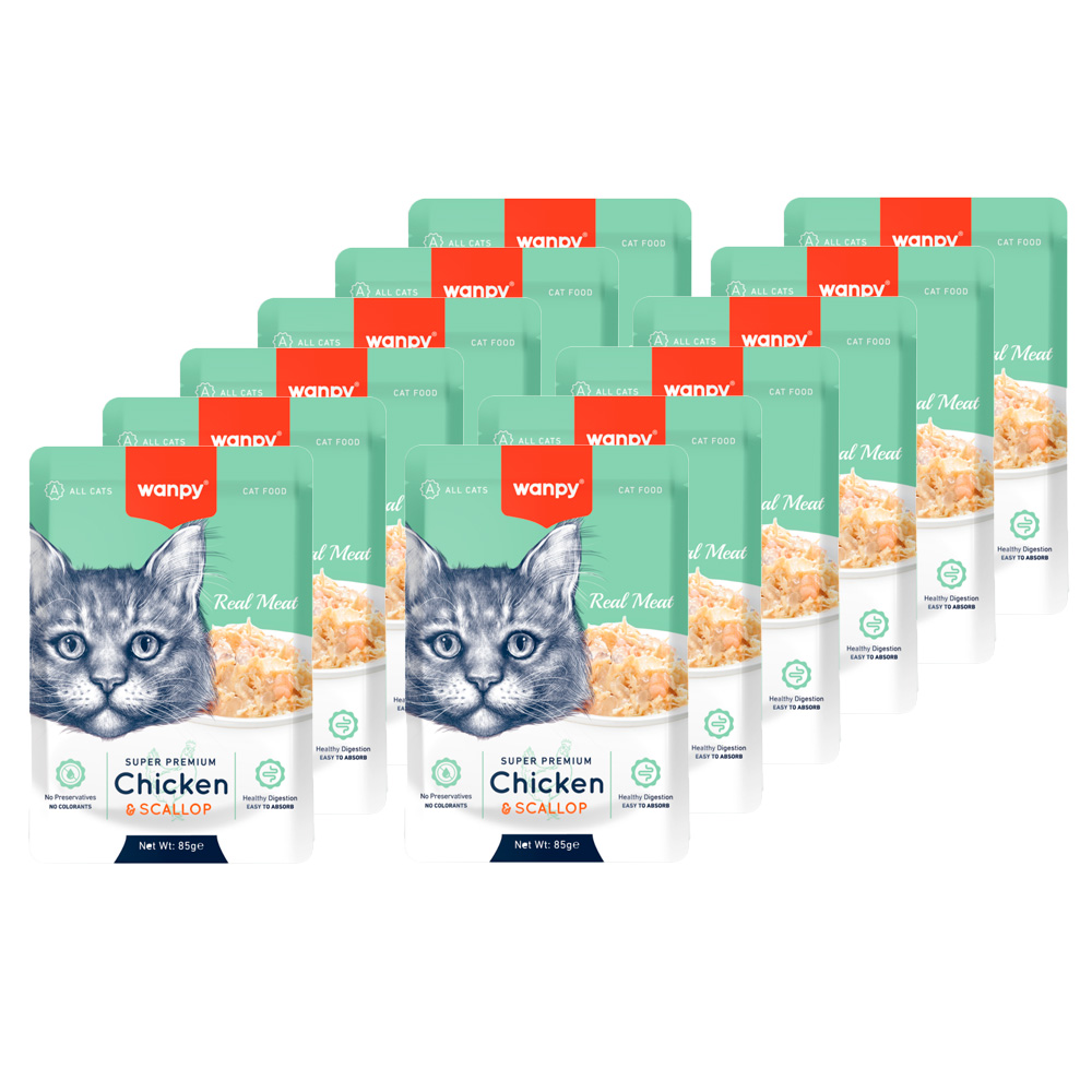 wanpy -12 x Kattesnacks  Cat Retort Pouch - Kylling og Musling  - 1020gr totalt