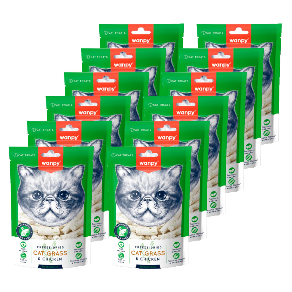 wanpy - 10 x Kattesnack Frysetørret kattegræs og Kylling  20g - 200gr totalt