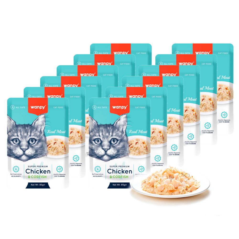wanpy - 12 x Kattemad i  Pouch med Kylling og Torsk  85g - 1020gr totalt