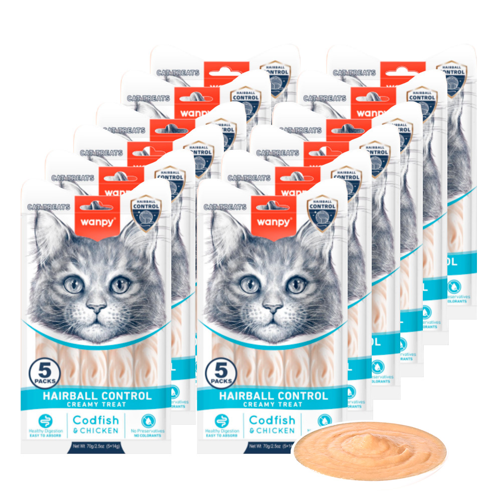 Wanpy - Functional Creamy Lickable Treat Hairball - Torsk & Kylling 70g (5x14g) - Bundle