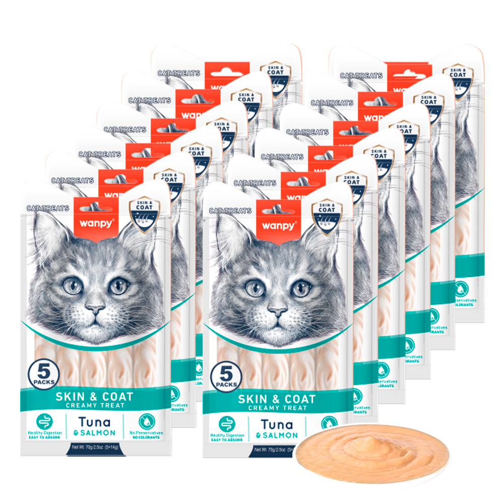 Wanpy - 12 x Functional Creamy Lickable Treat Skin & Coat - Tun & Laks 70g (5x14g) - 840gr totalt