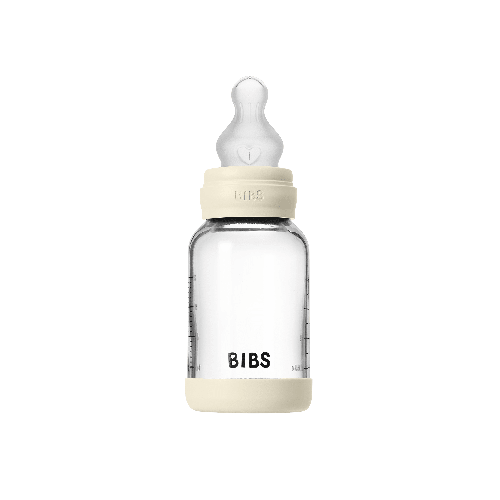 BIBS - Glass Baby Bottle Round Silicone 1 pack 120 ml Slow Flow - Ivory - 120 ml