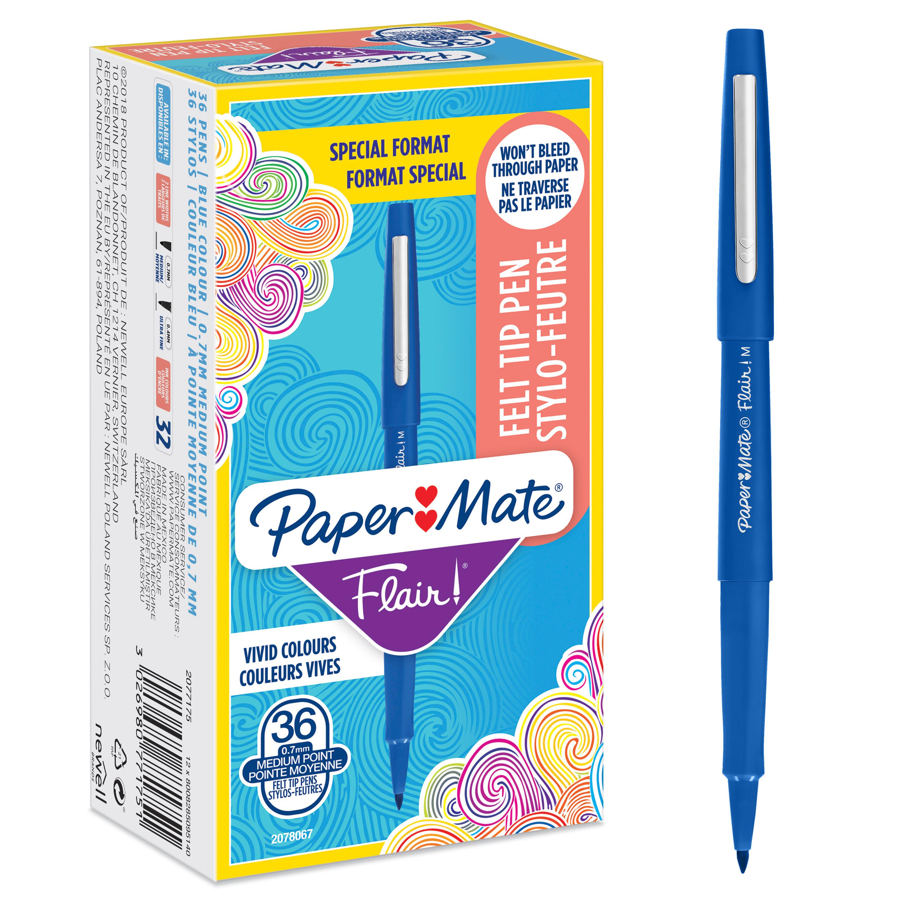 Paper Mate Flair Felt Tip Pens | Medium Point (0.7mm) | Blue | 36 Count