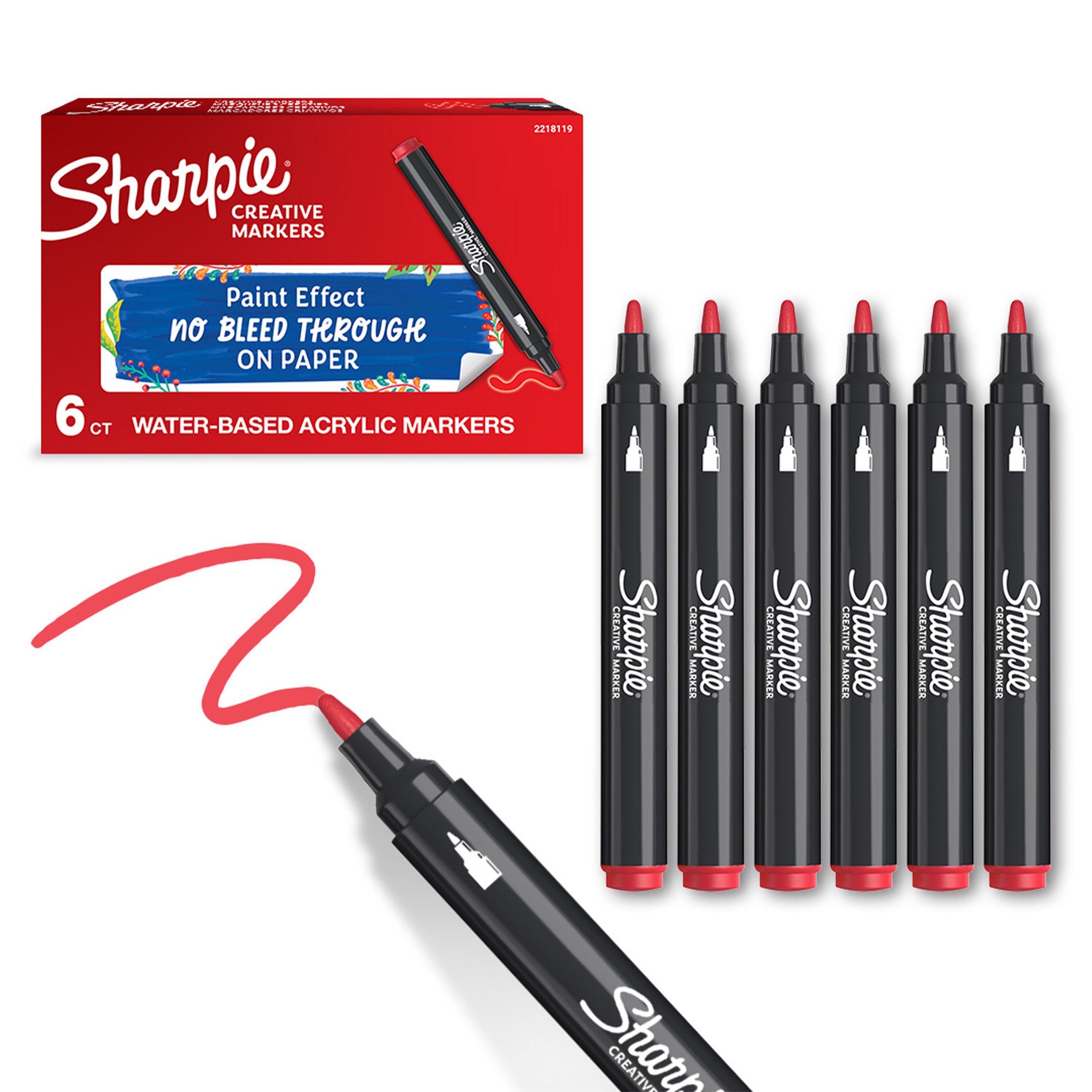Sharpie Creative Marker Acrylic Paint Pens | Bullet Tip Water-Based Paint Markers | Red | 6 Count