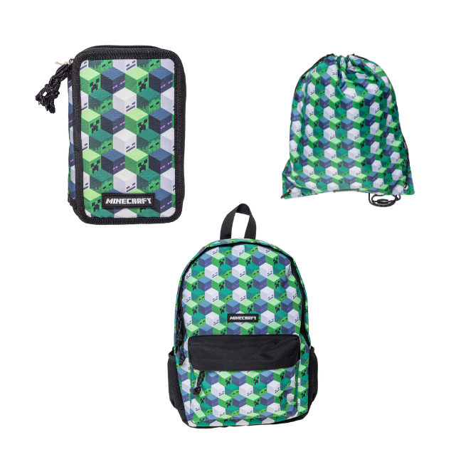 Minecraft– Backpack 38x28x13 cm + Drawstring Gym Bag 35x45 cm + Filled Double Decker (bundle)