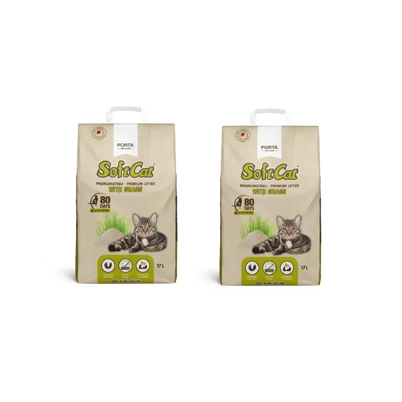 Porta Cat Care - 2x Kattegrus - SoftCat Paper Bag - Grass - 17 L - Miljøvenligt: Dette kattegrus er fremstillet udelukkende af 100 % plantefibre, er biologisk nedbrydeligt