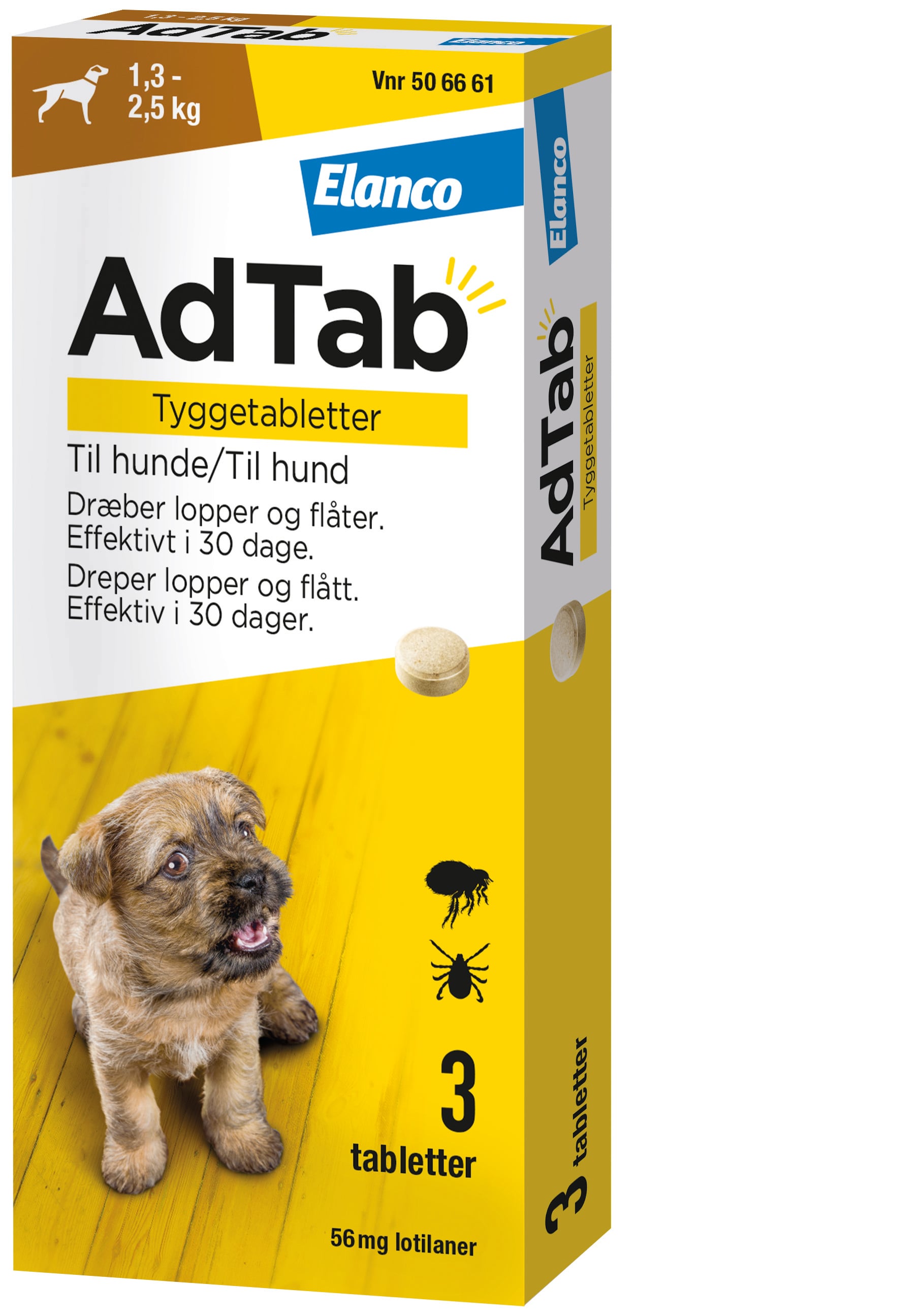 AdTab - tyggetabletter til hunde 1.3-2.5 kg 56 mg - dræber lopper og flåter