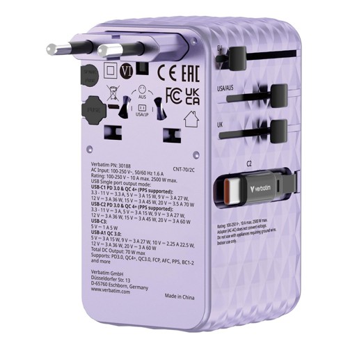Verbatim - Charge 'n' Travel 70W 2C retractable Universal Travel Adapter
