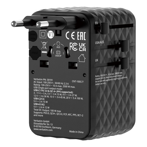 Verbatim - Charge 'n' Travel 100W Universal Travel Adapter with retractable cable
