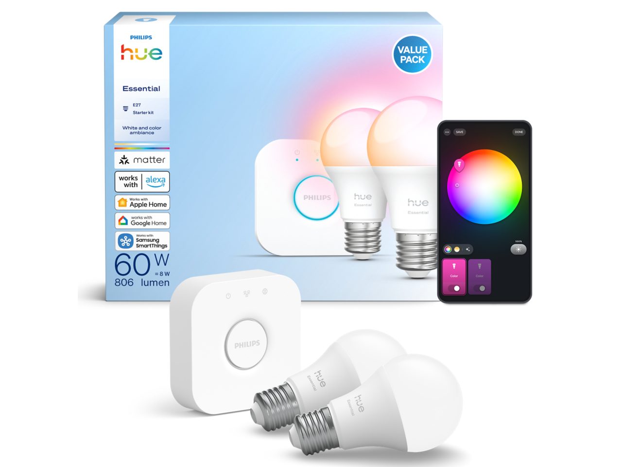 Køb Philips Hue E27 2-Pak + Hue Bridge v2.1 – Komplet Smart Lys Sæt