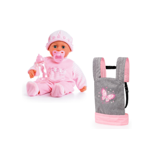 Bayer – Docka bärsel Grå & Rosa + Docka First Words Baby Soft Pink 38 cm