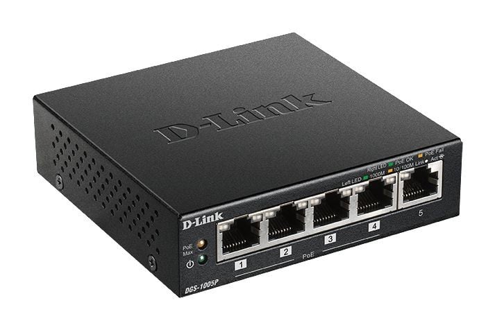 D-Link - 5-ports Gigabit PoE+-skrivebordssvitsj DGS-1005P/E