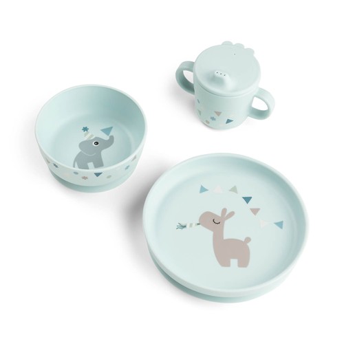 Done by Deer - Foodie dinner set with suction - Celebration Blue - Plate: Ø 18 x H 3 cm, Bowl: Ø 12.5 x H 5.5 cm, Cup: Ø8 x H 9 cm