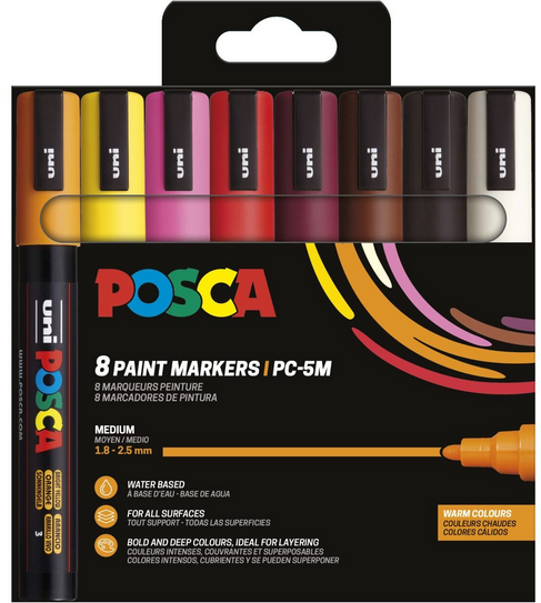 Posca - PC5M - Varme farver, sæt med 8 penne