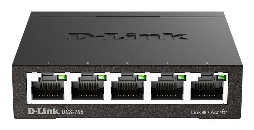 D-Link - DGS-105 - 5-Port-Gigabit-Desktop-Switch mit Metallgehäuse, 10/100/1000 Mbit/s, Schwarz