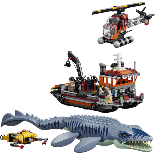 Dinosaurieattack med båt och mosasaurus