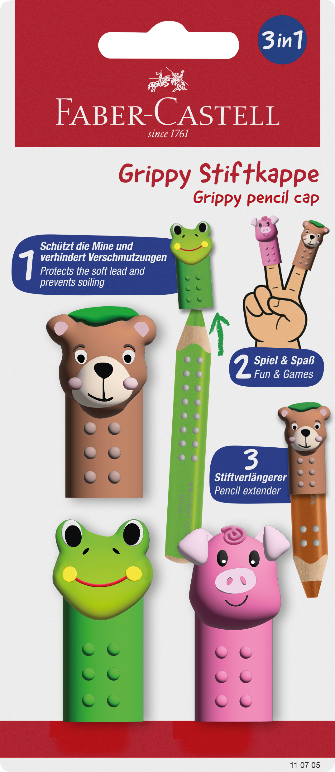 Faber‑Castell – Grippy Cap – Brun, Grøn og Pink – 3 Assorteret