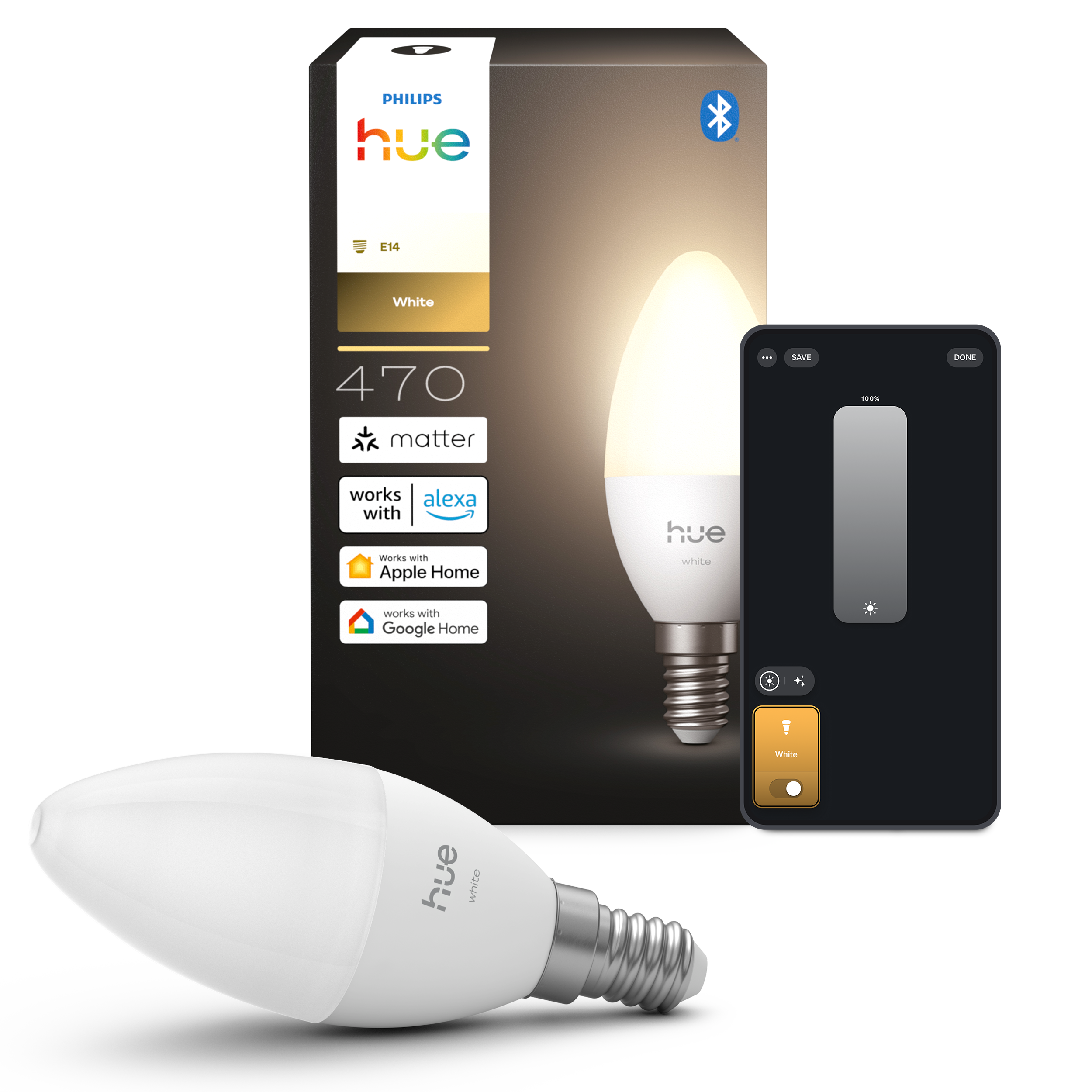 Philips Hue White E14 Kronepære – Smart LED 470lm 2700K Dæmpbar til 0,2% Zigbee & Matter – 1-pak