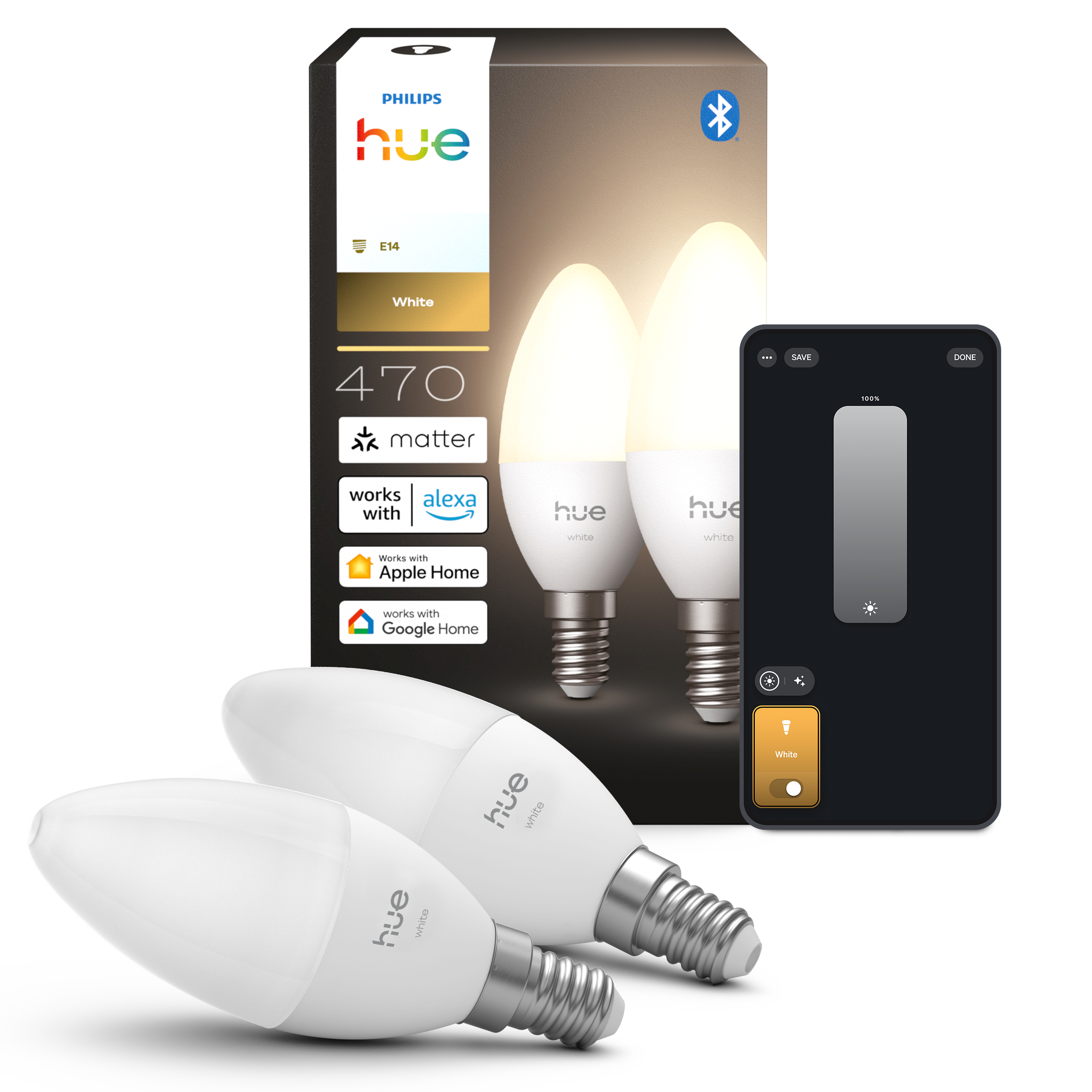Philips Hue White E14 Kronepære – Smart LED 470lm 2700K Dæmpbar til 0,2% Zigbee & Matter – 2-pak