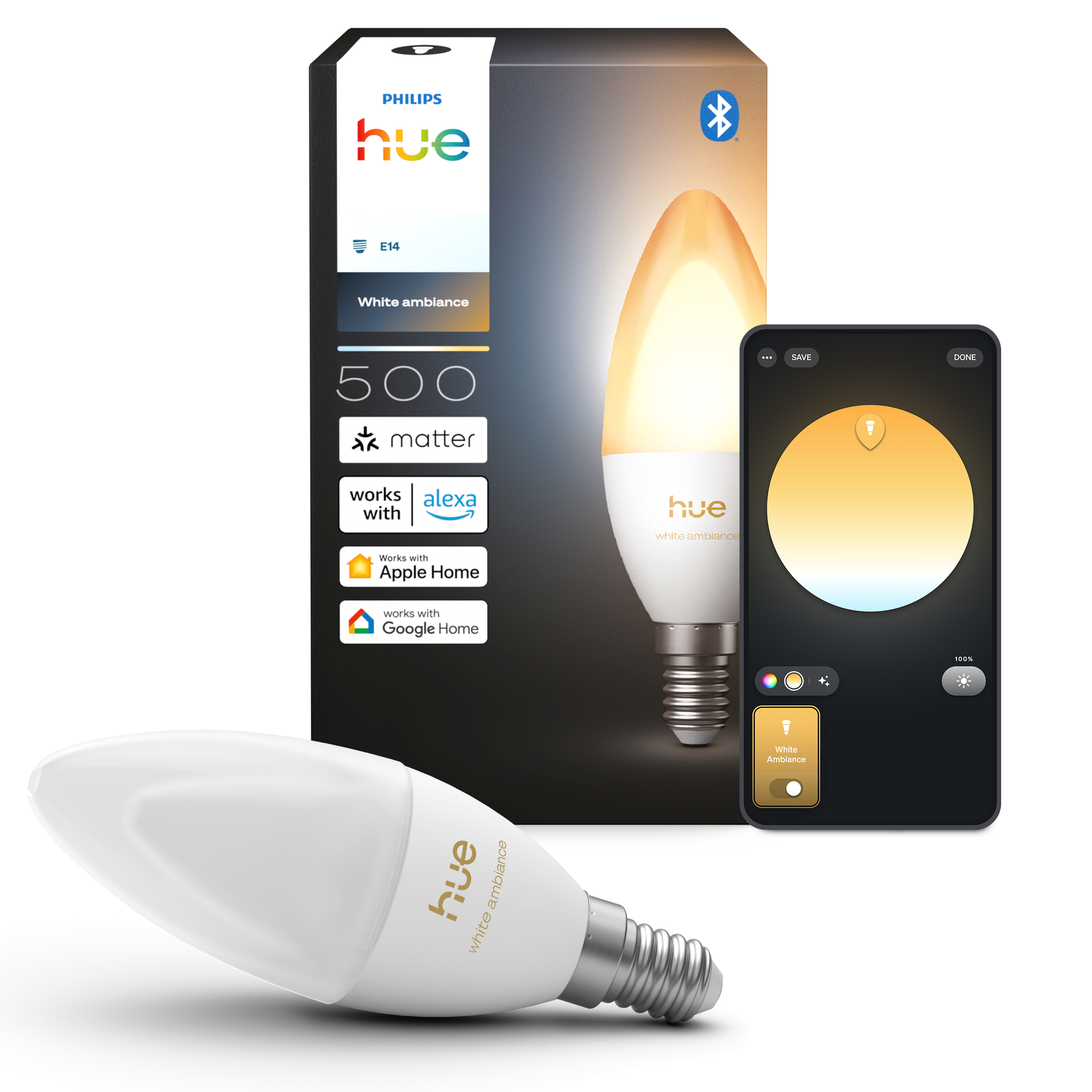 Philips Hue White Ambiance E14 Kronepære – Smart LED 500lm 1800–20000K Dæmpbar til 0,2% Zigbee & Matter – 1-pak