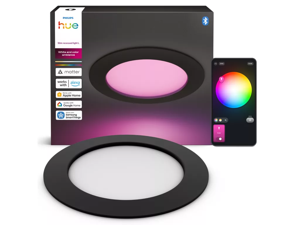 Philips Hue White & Color Ambiance Slim Downlight L – Älykäs upotusvalaisin 170mm 12W 1500lm IP44 Zigbee & Matter – Musta 1-pakkaus