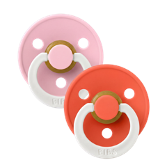 BIBS - Pacifier Colour 2 Pack Latex - Baby Pink GLOW/Tango GLOW - Size 1