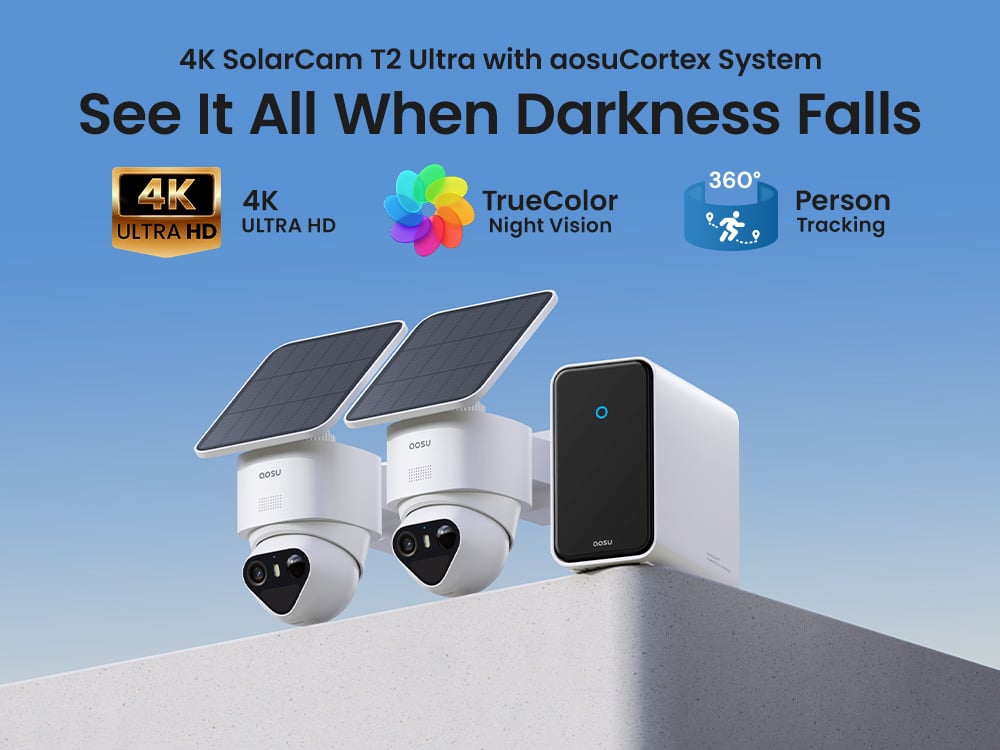 Aosu SolarCam T2 Ultra System – 4K Solar Overvågningskamerasæt med TrueColor Natsyn, 360° Pan-Tilt, aosuBase-hub, 2 Kameraer Pakke