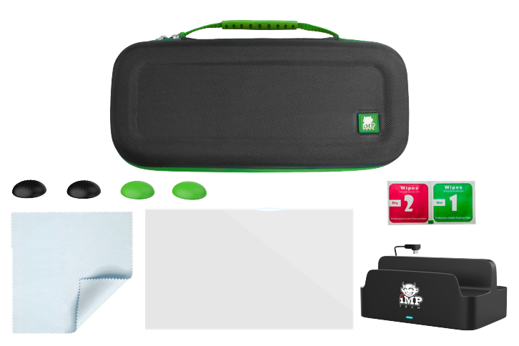 iMP Tech - Protect and Charge Pack with Case, Charge Dock, Tempered Glass Screen Protector and 4 Thumb Grips - Black