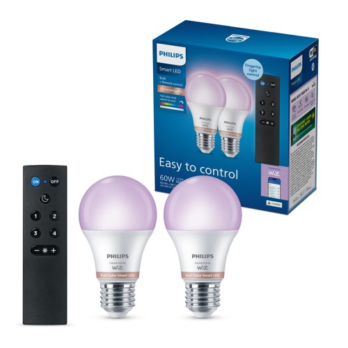 Smart LED RGB A60 lampa E27 med fjärrkontroll 2-pack – 806 lm, färg och justerbart vitt ljus, Wi-Fi