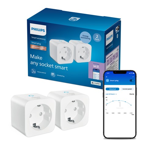 Philips Smart Led - Smart Plug Matter - Typ F - Elmätare - 2-Pack - Vit