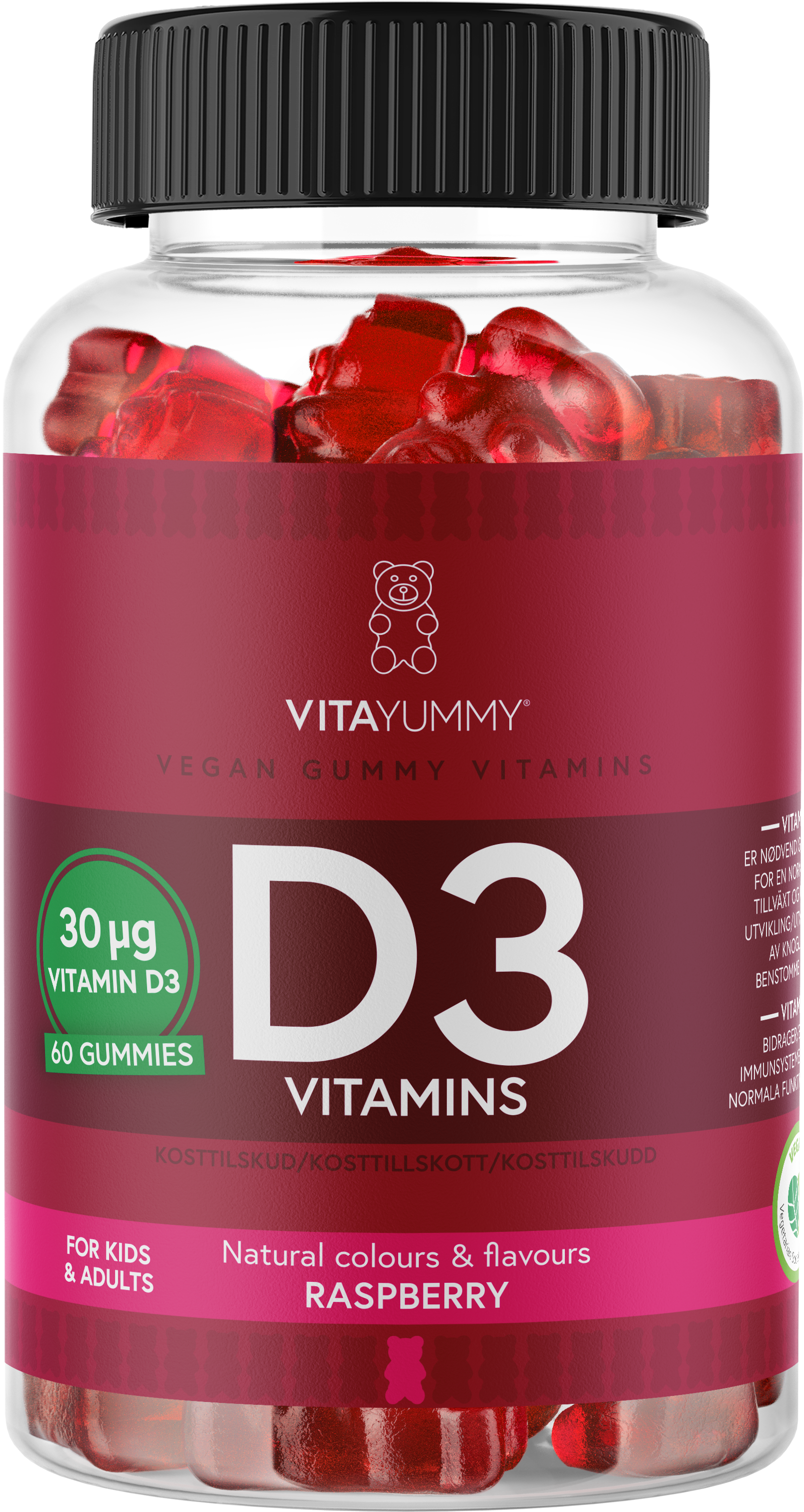VitaYummy - D3 Vitamins (Raspberry) - 60 pcs. - Vibrant Colors from Carrots and Blackcurrants