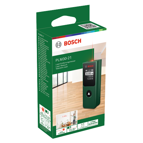 Bosch DIY - PLM 30-21 Laseravståndsmätare med Kvadratmeterberäkning upp till 30m