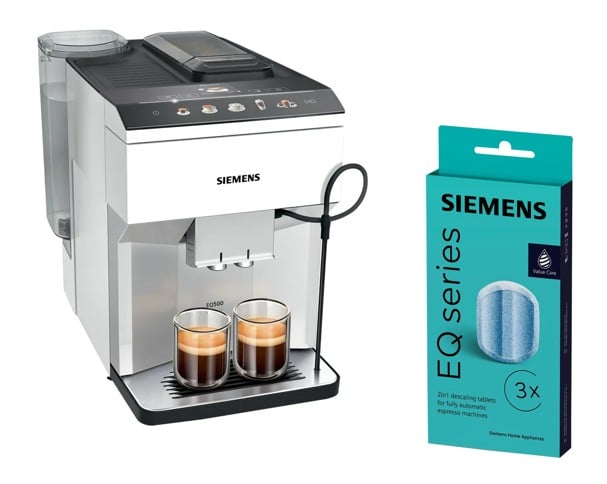 Siemens EQ500 Helautomatisk Espressomaskin TP515R02 Vit + TZ80002A Avkalkningstabletter 3-pack