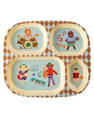 Rice - Melamine Kids 4 Room Plate with Music Band Print - Blue - 21 cm x 21 cm