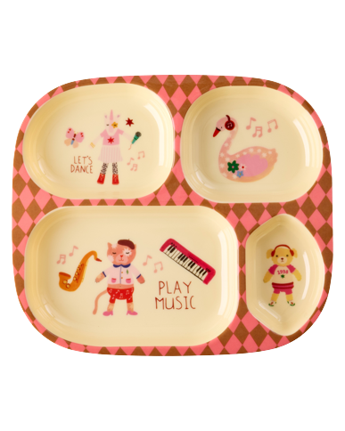 Rice - Melamine Kids 4 Room Plate - Pink Music Band Print - Pink