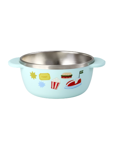 Rice - Stainless Steel Baby Bowl with Fixed Cover - Mint Fun Fair Print - 300 ml