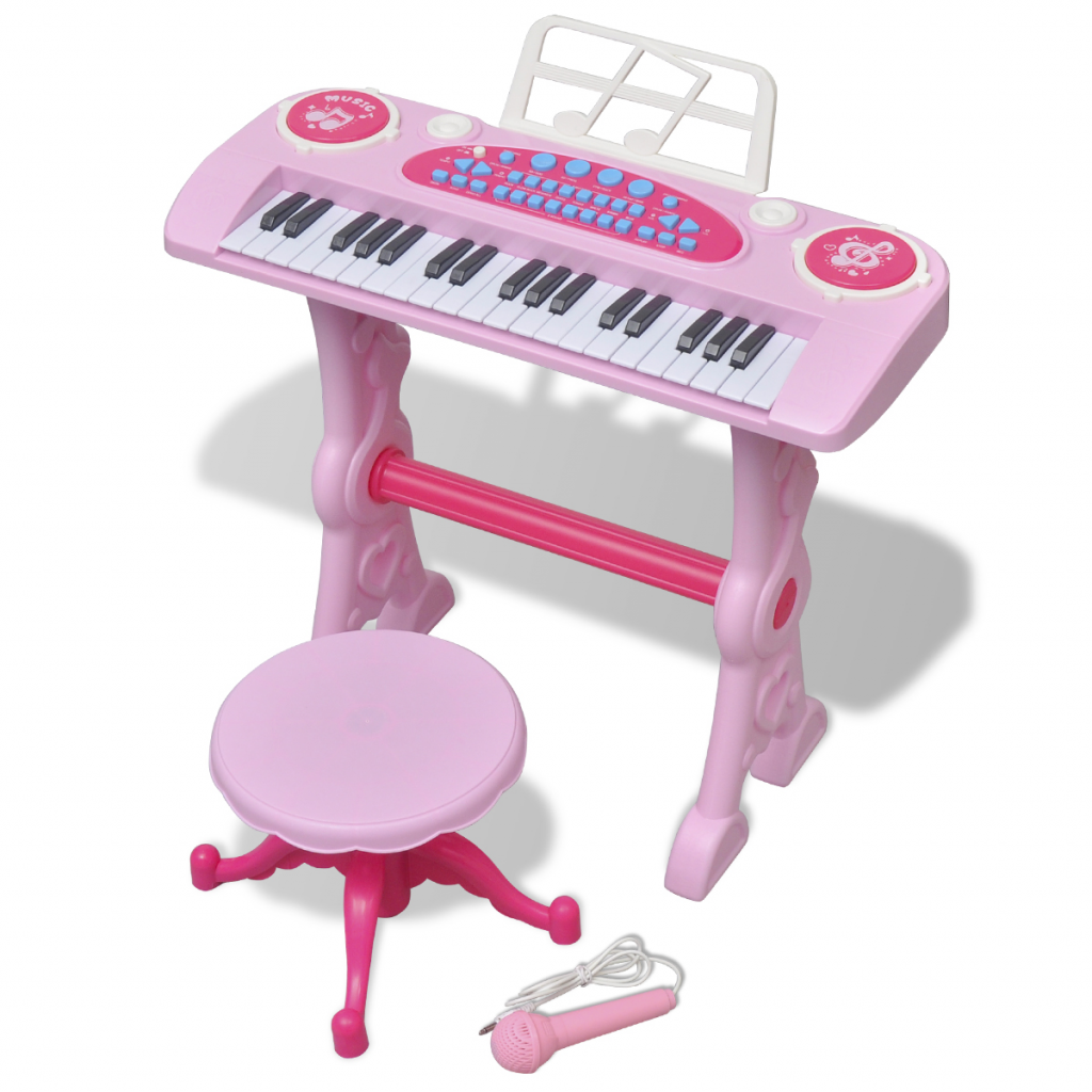 Legetøjskeyboard med taburet/mikrofon til børn, tangenter, lyserødt